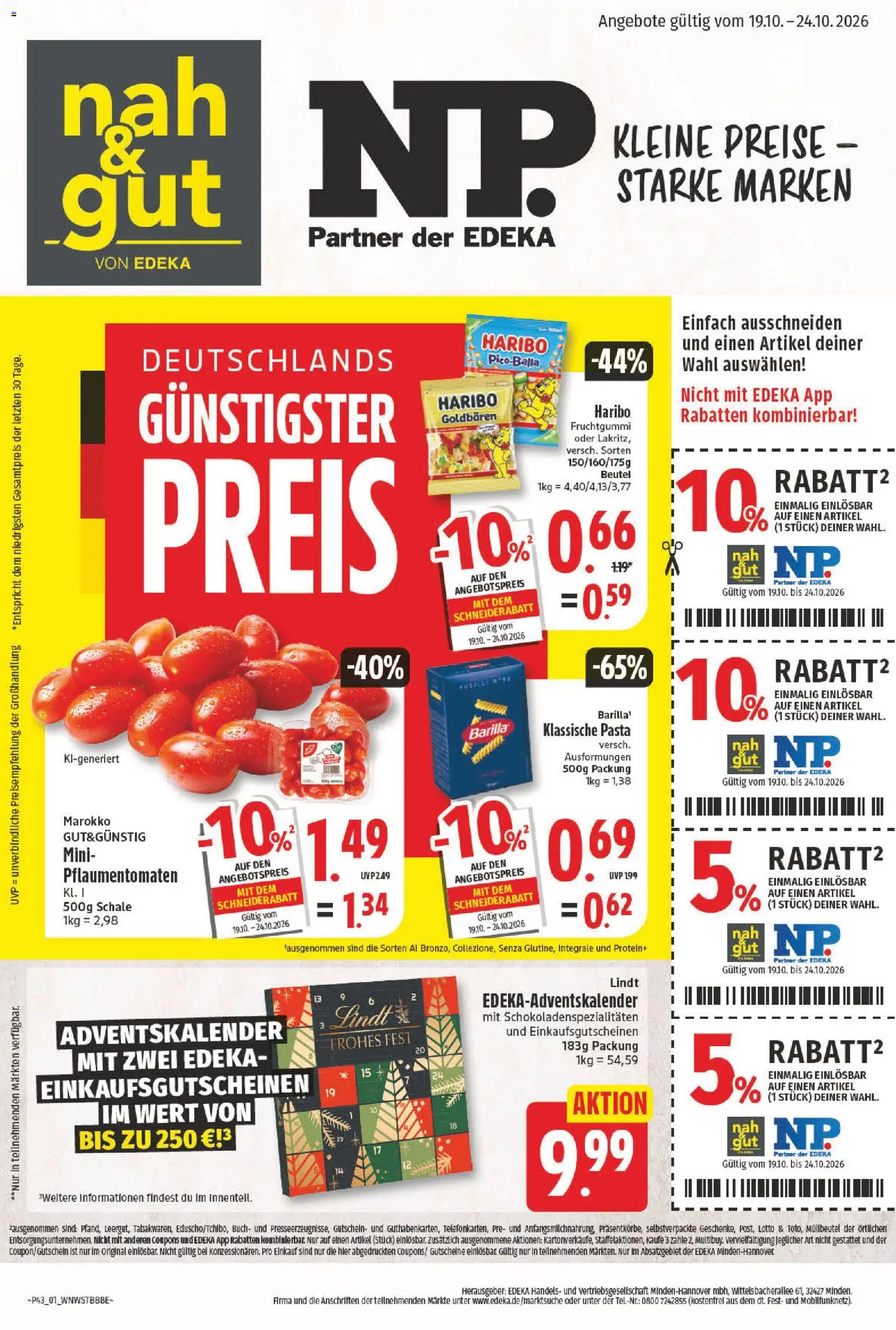 Vorschau von dem Prospekt des Geschäftes NP Discount, gültig ab dem 19.10.2026 - Pasta, Haribo, Lindt, Barilla
