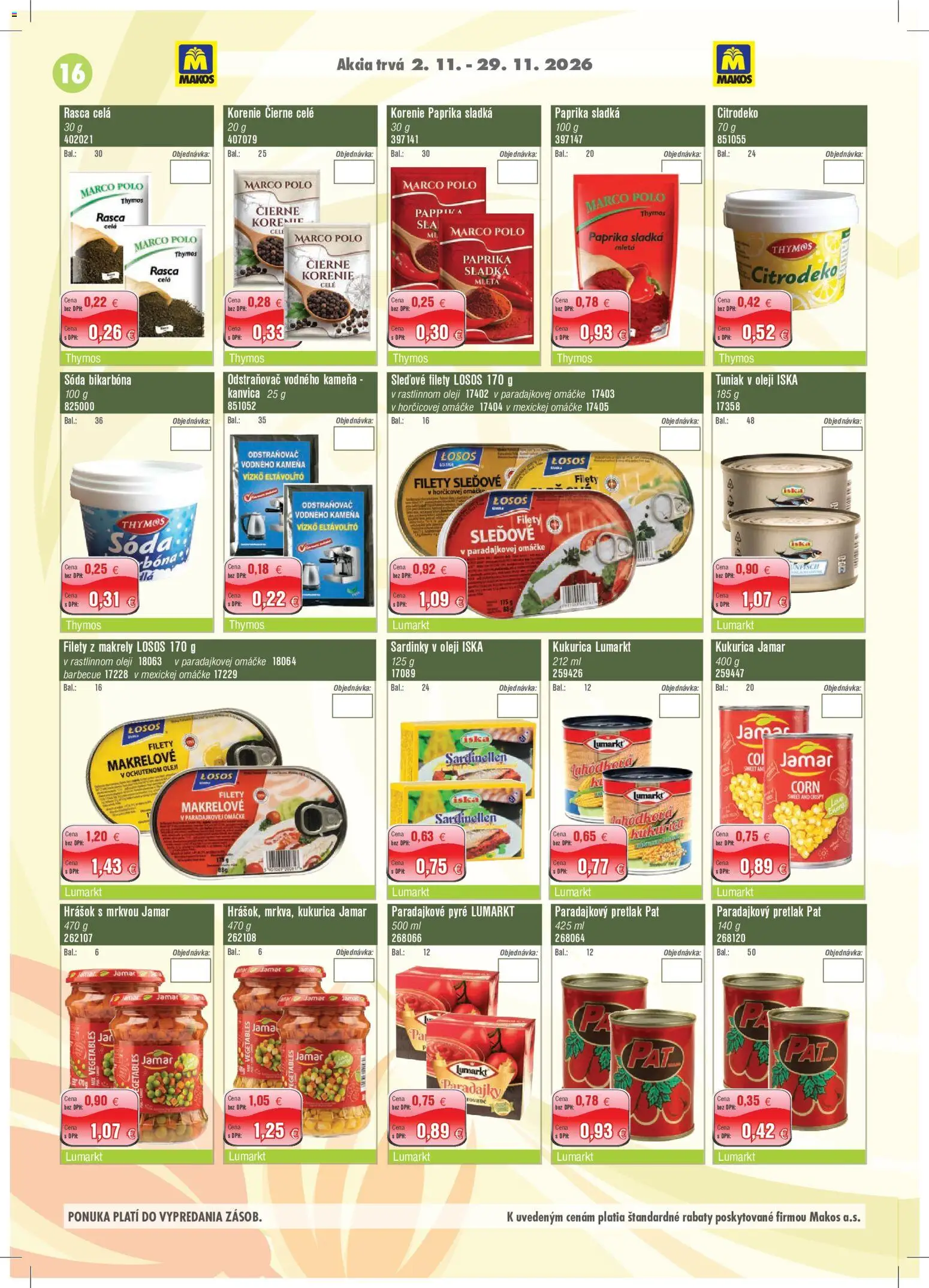 Náhľad Makos letáku platného od 02.11.2026 - Paprika, Losos, Paradajky, Kukurica, Kanvica, Korenie, Omáčka, Sardinky