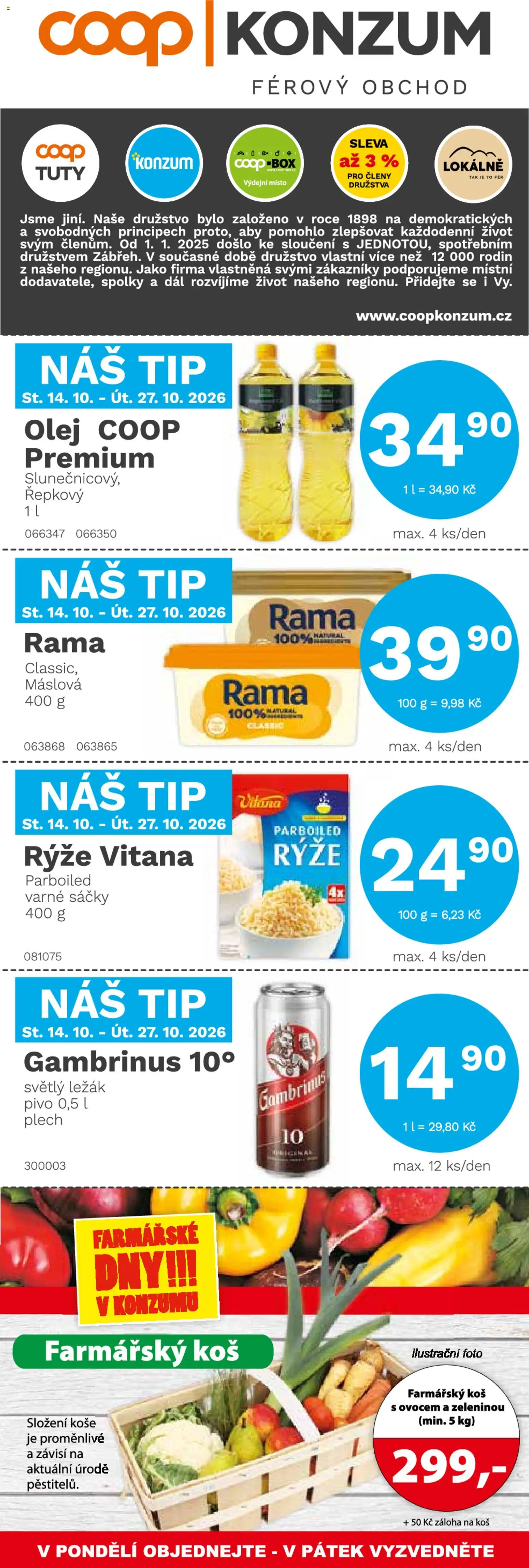 Náhled nabídky: Konzum Konzum leták platný od 14.10.2026 - Pivo, Rýže, Box, Olej, Koš, Gambrinus, Rama, Rýže Vitana