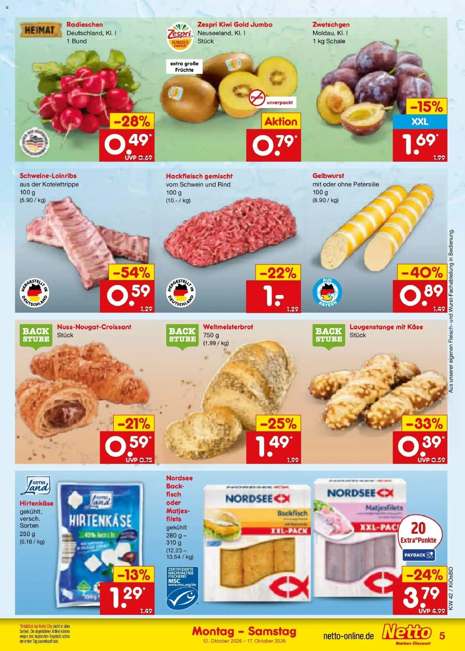 Vorschau von dem Prospekt des Geschäftes Netto Marken-Discount, gültig ab dem 12.10.2026 - Käse, Fisch, Kiwi, Petersilie, Fleisch, Hackfleisch, Zwetschgen