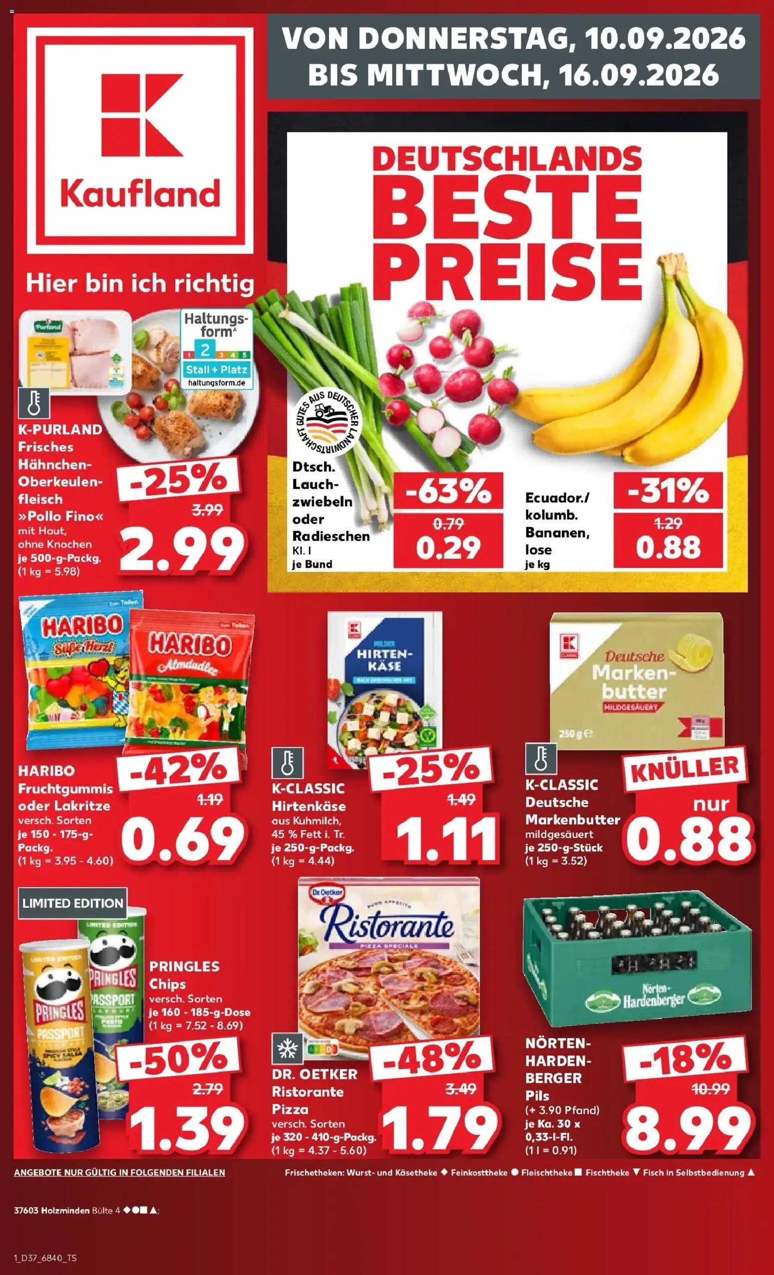 Vorschau von dem Prospekt des Geschäftes Kaufland, gültig ab dem 10.09.2026 - Pizza, Chips, Butter, Käse, Haribo, Pringles, Pils, Hahnchen