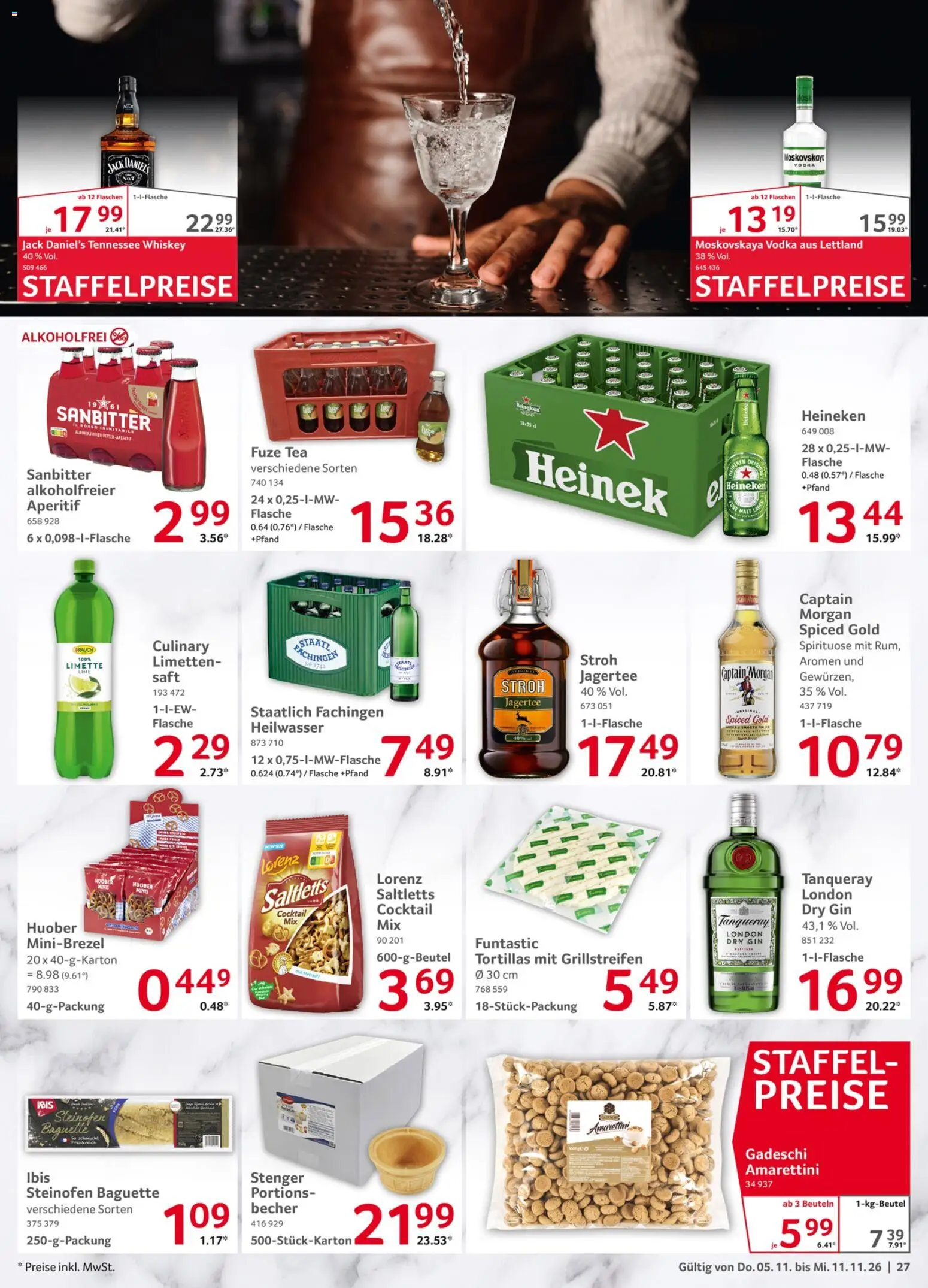 Vorschau von dem Prospekt des Geschäftes Selgros, gültig ab dem 05.11.2026 - Tortillas, Baguette, Vodka, Heineken, Captain morgan, Fuze tea, Saft, Jack Daniel's