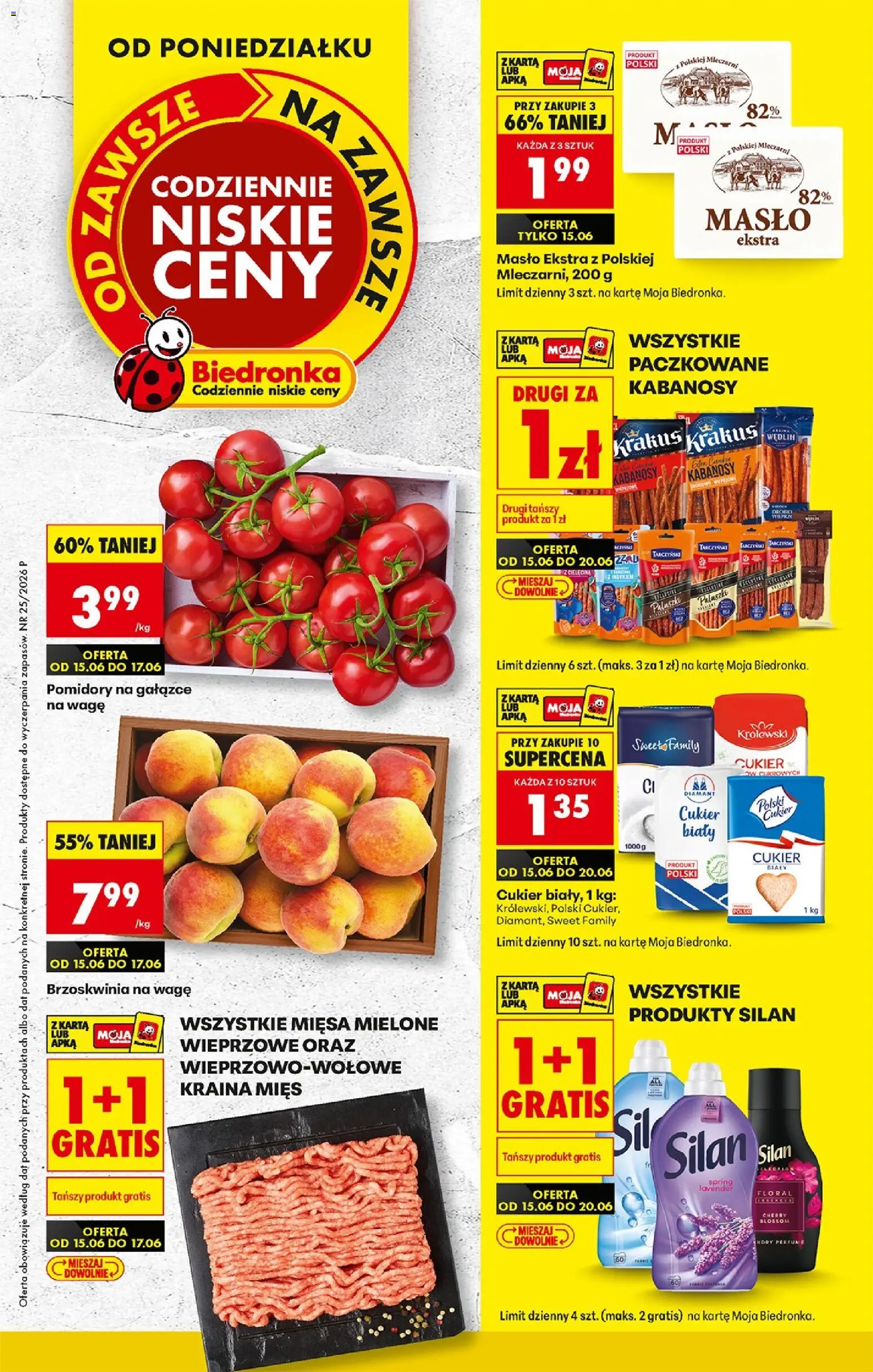 Pogląd gazetki "Biedronka gazetka od poniedziałku" ze sklepu Biedronka ważnej od 15.06.2026 - Brzoskwinia, Paluszki, Kabanosy, Pomidory, Kabanos, Cielęcina, Cukier biały, Kraina mięs