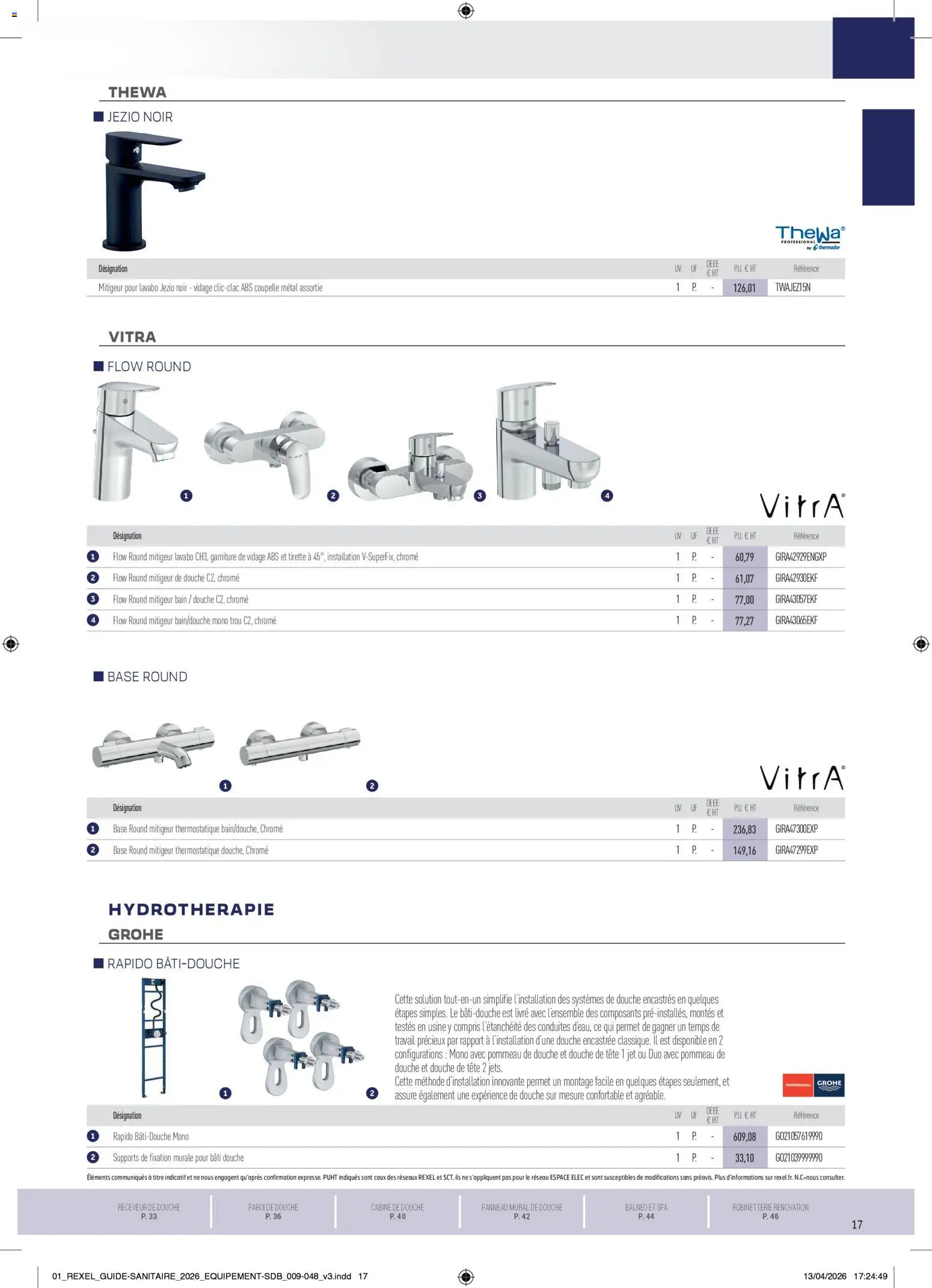 Prévisualisation de Rexel - Brochure Sanitaire du magasin Rexel formulaire valide 20/04/2026 - Livre, Pommeau de douche, Douche, Lavabo, Base, Mitigeur thermostatique, Mitigeur lavabo, Coupelle