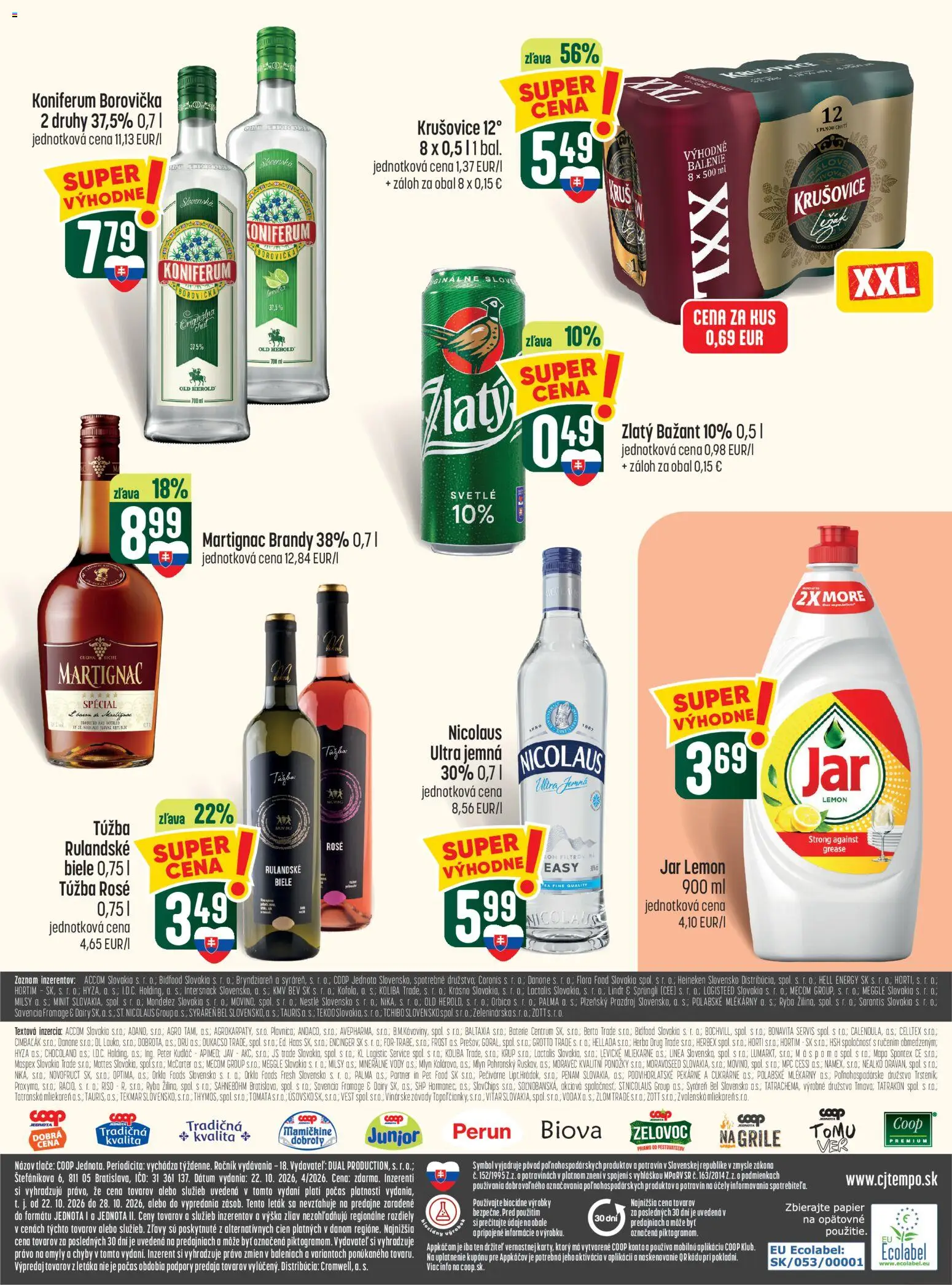 Náhľad COOP Jednota letáku platného od 22.10.2026 - Jar, Borovička, Flora, Heineken, Brandy, Batérie, Krušovice, Zlatý Bažant