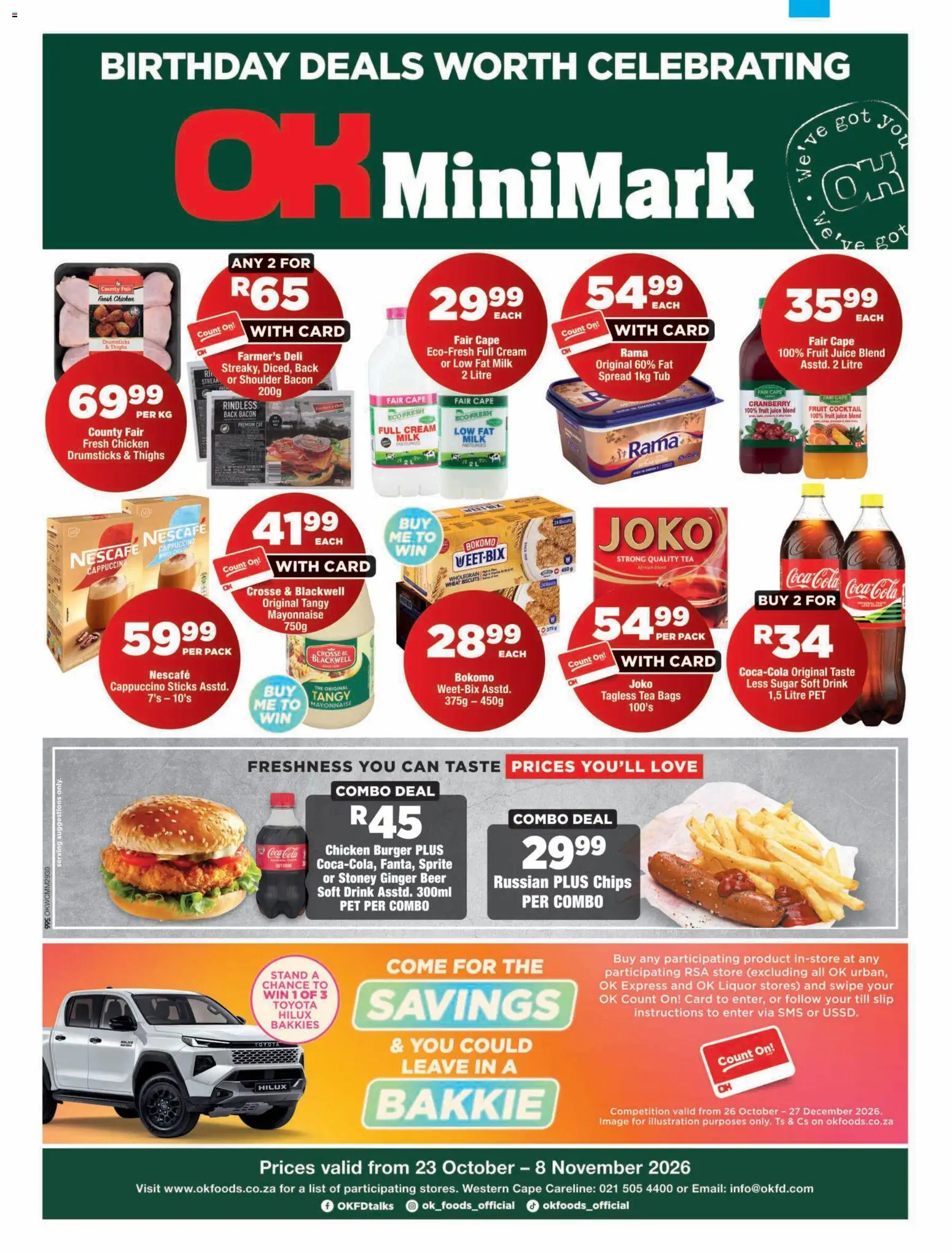 Preview of OK Foods flyer valid from 23/10/2026 - Chicken, Tea, Fruit, Sugar, Beer, Thighs, Spread, Stoney