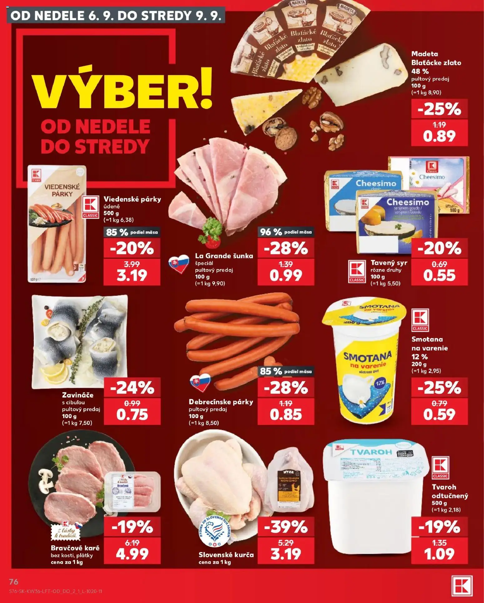 Náhľad Kaufland letáku platného od 03.09.2026 - Syr, Tvaroh, Bravčové karé, Šunka, Párky, Smotana, Kurča, Tavený syr