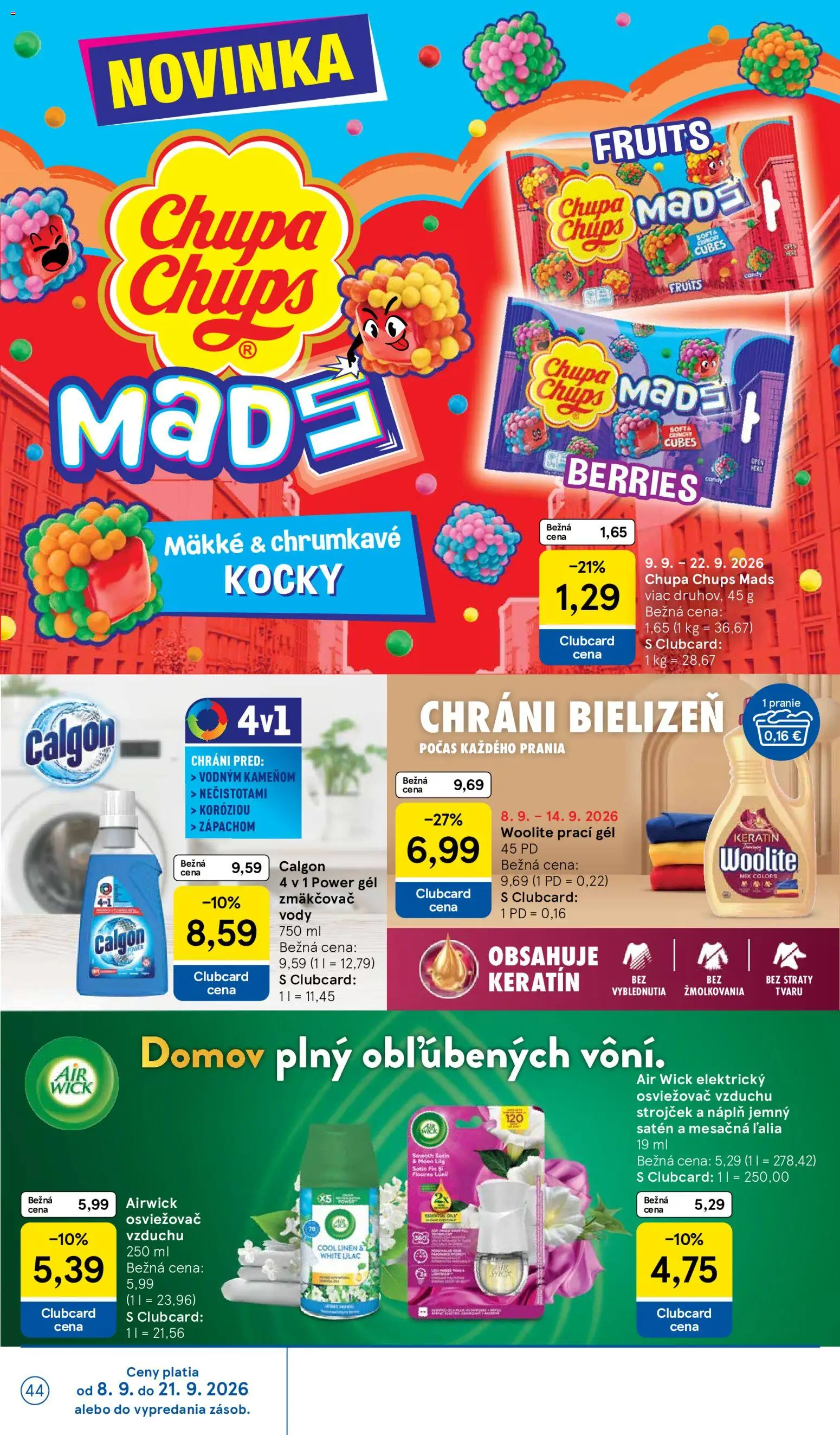Náhľad Tesco letáku platného od 09.09.2026 - Osviežovač vzduchu, Air Wick, Woolite, Strojček, Prací gél
