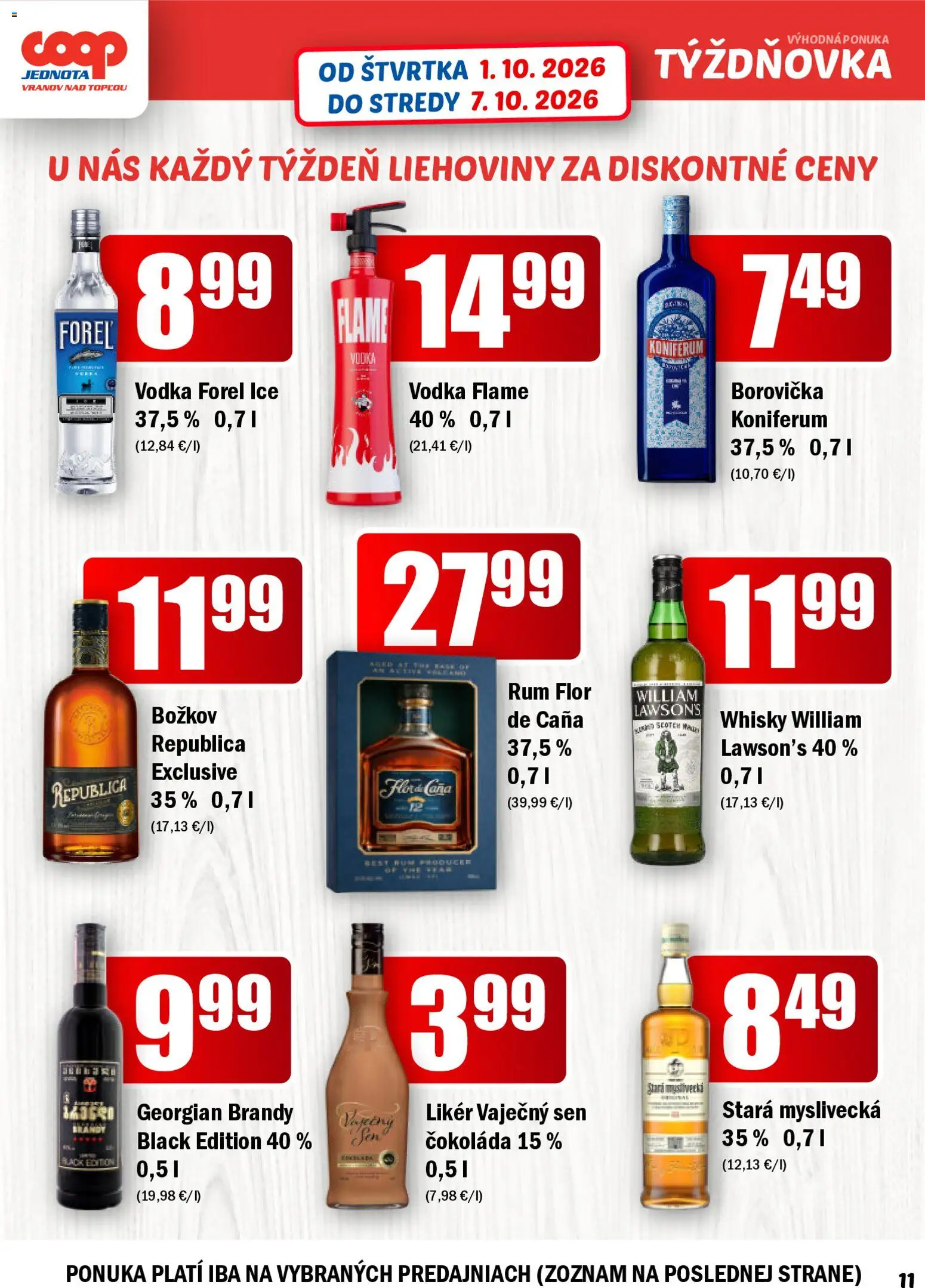 Náhľad COOP Jednota letáku platného od 01.10.2026 - Čokoláda, Vodka, Whisky, Flora, Brandy, Koniferum, Republica, Vaječný sen