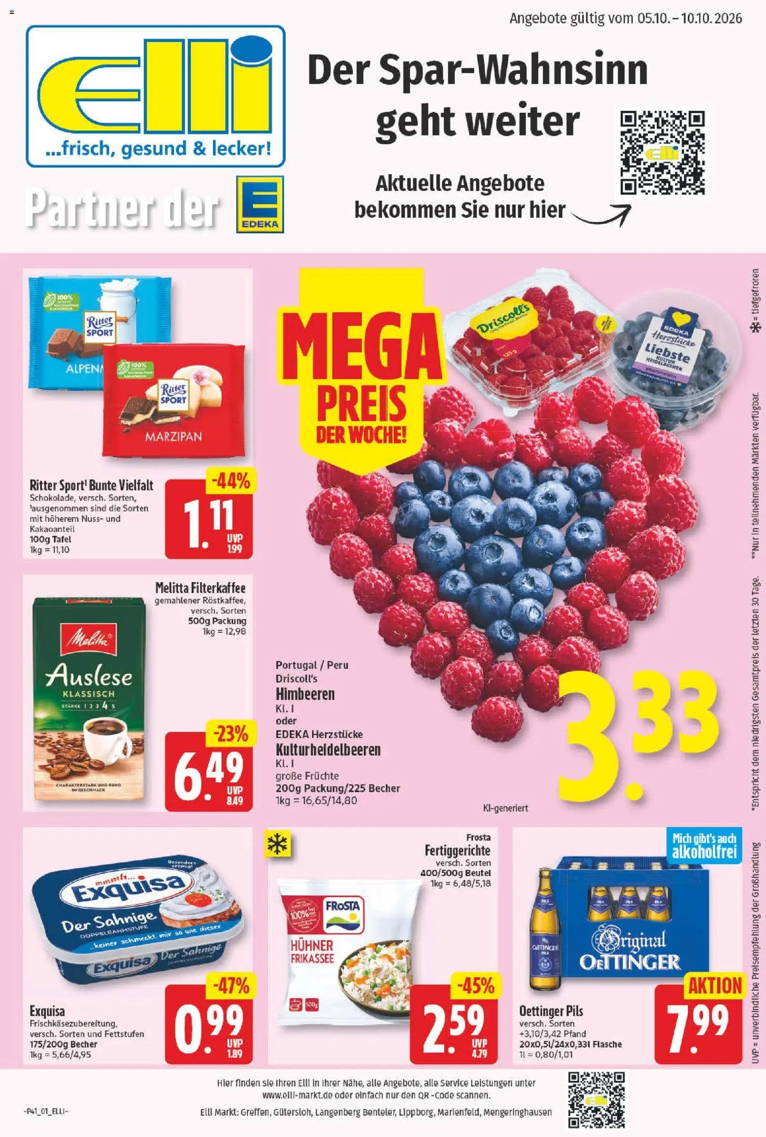 Vorschau von dem Prospekt des Geschäftes Elli Markt, gültig ab dem 05.10.2026 - Himbeeren, Ritter sport, Heidelbeeren, Frosta, Oettinger, Melitta, Pils, Exquisa